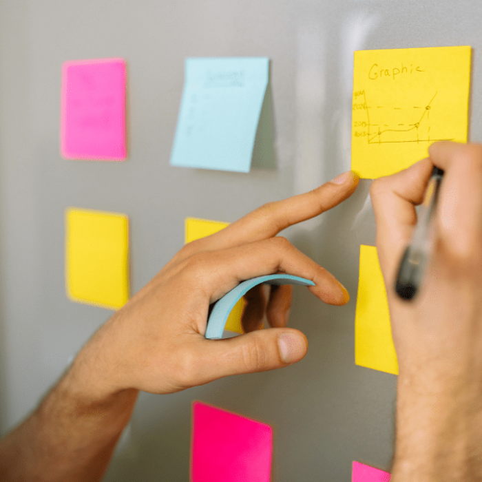 homem organizando post-its na parede, ilustrando TDAH e organização de rotina